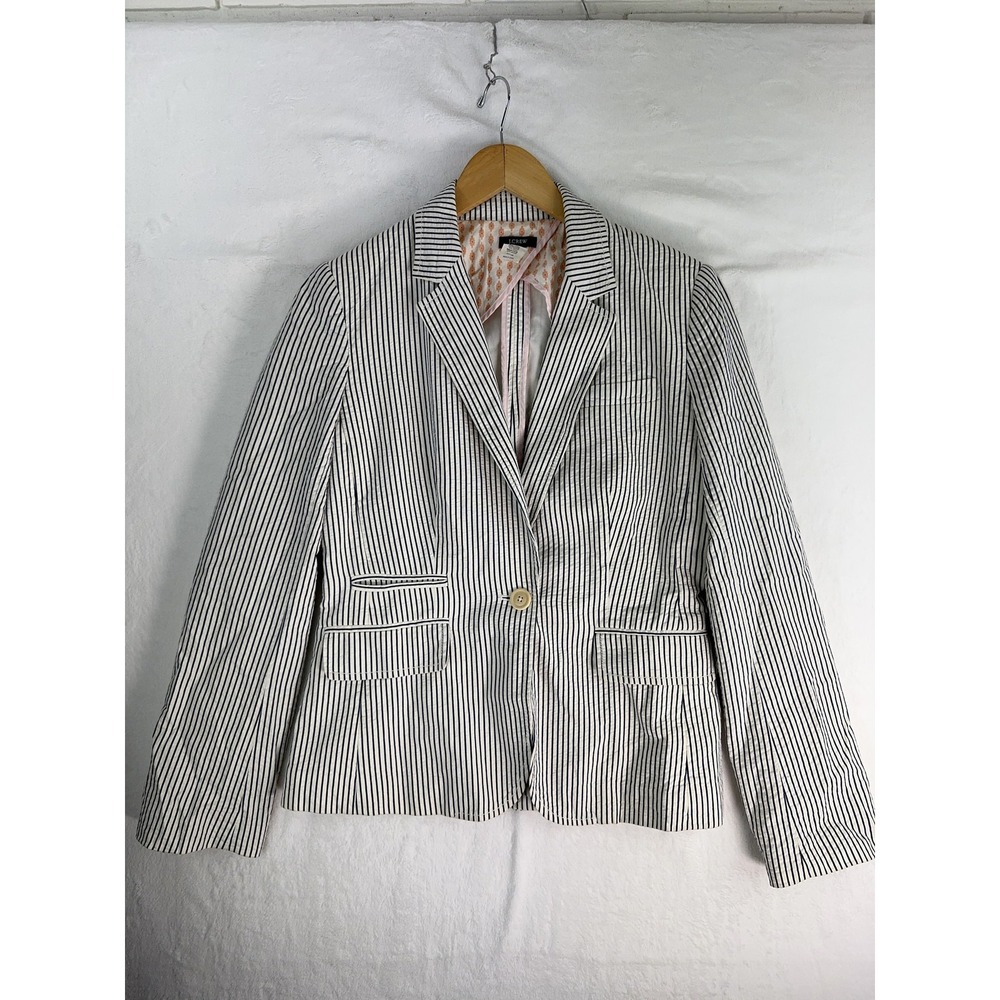 J Crew Blazer Womens 6 Blue White Seersucker Striped Cotton Lined Office Jacket